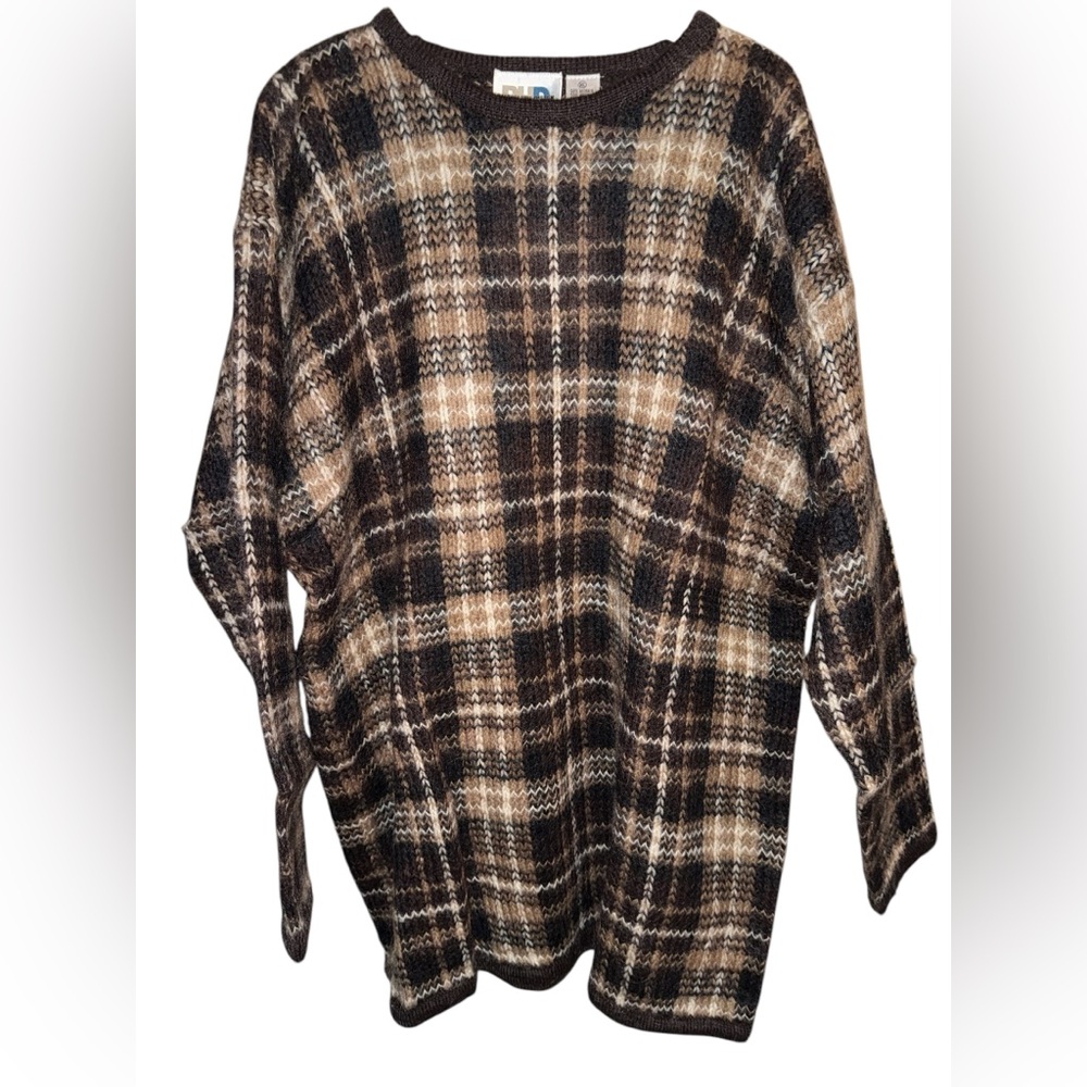 Vintage Paul Harris Design Mohair Knit Sweater Nens Sz XL Brown Plaid